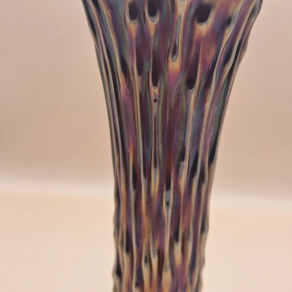 Iridescent Art Glass Ruffled Trumpet Vase Glossy Purple Multicolor 11